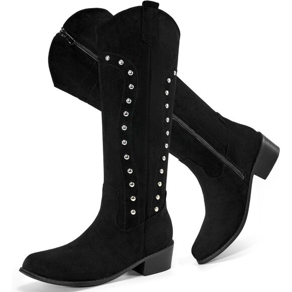 Women Black Suede Knee High Pointed Toe Chunky HeelsCowgirl Winter Boots